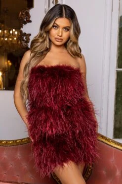 Out On The Town | Berry Feather Bandeau Mini Dress