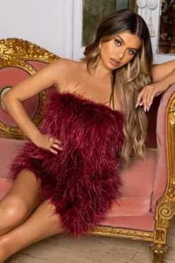 Out On The Town | Berry Feather Bandeau Mini Dress -ENY Clothing Shop CL126536 berry feather strapless mini dress 5