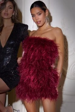 Out On The Town | Berry Feather Bandeau Mini Dress -ENY Clothing Shop CL126536 berry feather strapless mini dress CL126576 black sequin plunge neck mini dress with sash detail 20