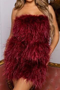 Out On The Town | Berry Feather Bandeau Mini Dress -ENY Clothing Shop CL126536 berry2 feather strapless mini dress 10