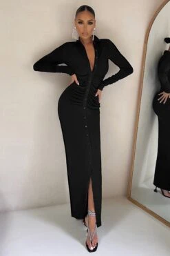 Restless Heart | Black Bodycon Ruched Long Sleeve Maxi Dress -ENY Clothing Shop CL126537 Bodycon Long Sleeve button Maxi Dress 8