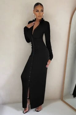 Restless Heart | Black Bodycon Ruched Long Sleeve Maxi Dress -ENY Clothing Shop CL126537 Bodycon Long Sleeve button Maxi Dress 9