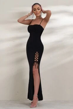 On Show | Black Lace Up Detail Split Leg Maxi Dress -ENY Clothing Shop CL126542 BlackLaceUpDetailSplitLegMaxiDress6