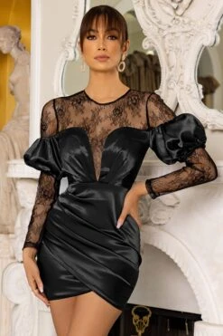 For You | Black Bardot Lace Detail Satin Mini Dress -ENY Clothing Shop CL126597 black lace satin mini dress 3