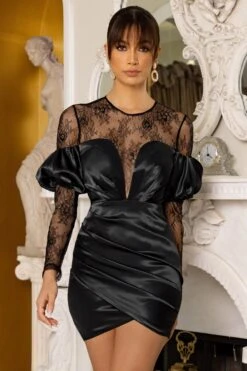 For You | Black Bardot Lace Detail Satin Mini Dress -ENY Clothing Shop CL126597 black lace satin mini dress 4