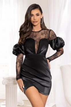 For You | Black Bardot Lace Detail Satin Mini Dress -ENY Clothing Shop CL126597BlackBardotLaceDetailSatinMiniDress3