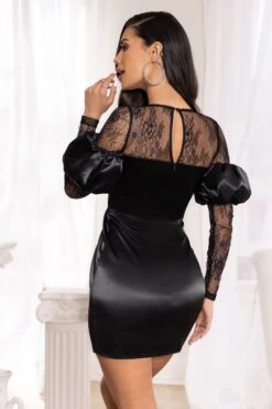For You | Black Bardot Lace Detail Satin Mini Dress -ENY Clothing Shop CL126597BlackBardotLaceDetailSatinMiniDress7