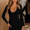 Overload | Petite Black Plunge Neck Long Sleeve Mini Dress -ENY Clothing Shop CL126623 black plunge neck long sleeve mini dress 2