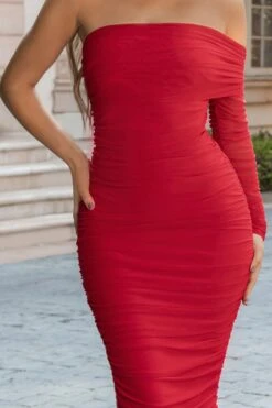 Bijou | Red Asymmetric Bardot Mesh Ruched Midi Dress -ENY Clothing Shop CL126645 red asymmetric bardot mesh ruched midi dress detail