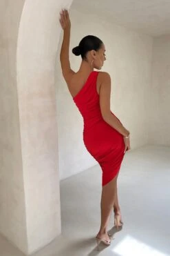 Late Night | Red Asymmetric One Shoulder Ruched Midi Dress 8 Late Night | Red Asymmetric One Shoulder Ruched Midi Dress -ENY Clothing Shop CL126680 Red Asymetric One SHoulder Ruched Mini Dress 4