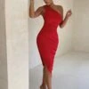 Late Night | Red Asymmetric One Shoulder Ruched Midi Dress 1 Late Night | Red Asymmetric One Shoulder Ruched Midi Dress -ENY Clothing Shop CL126680 Red Asymetric One SHoulder Ruched Mini Dress 5
