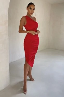 Late Night | Red Asymmetric One Shoulder Ruched Midi Dress 10 Late Night | Red Asymmetric One Shoulder Ruched Midi Dress -ENY Clothing Shop CL126680 Red Asymetric One SHoulder Ruched Mini Dress 6