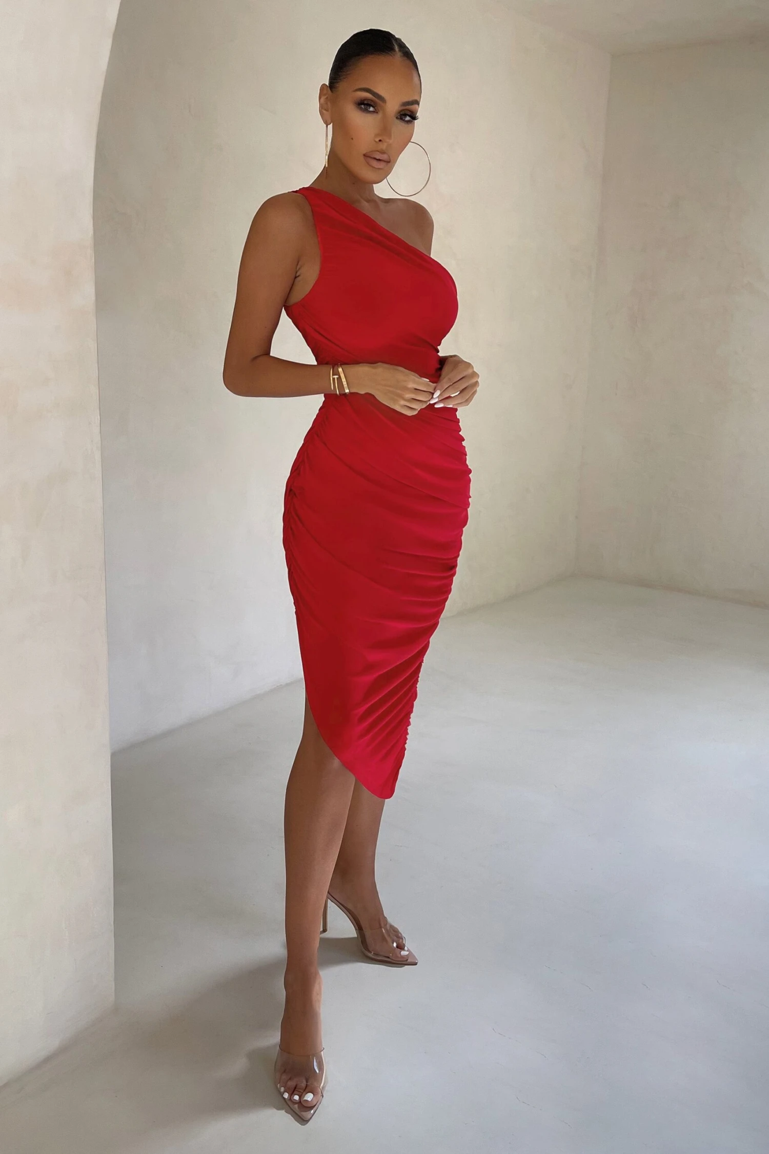Late Night | Red Asymmetric One Shoulder Ruched Midi Dress 6 Late Night | Red Asymmetric One Shoulder Ruched Midi Dress - Image 4