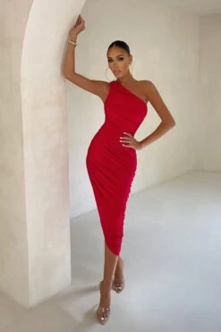 Late Night | Red Asymmetric One Shoulder Ruched Midi Dress 11 Late Night | Red Asymmetric One Shoulder Ruched Midi Dress -ENY Clothing Shop CL126680 Red Asymetric One SHoulder Ruched Mini Dress 7