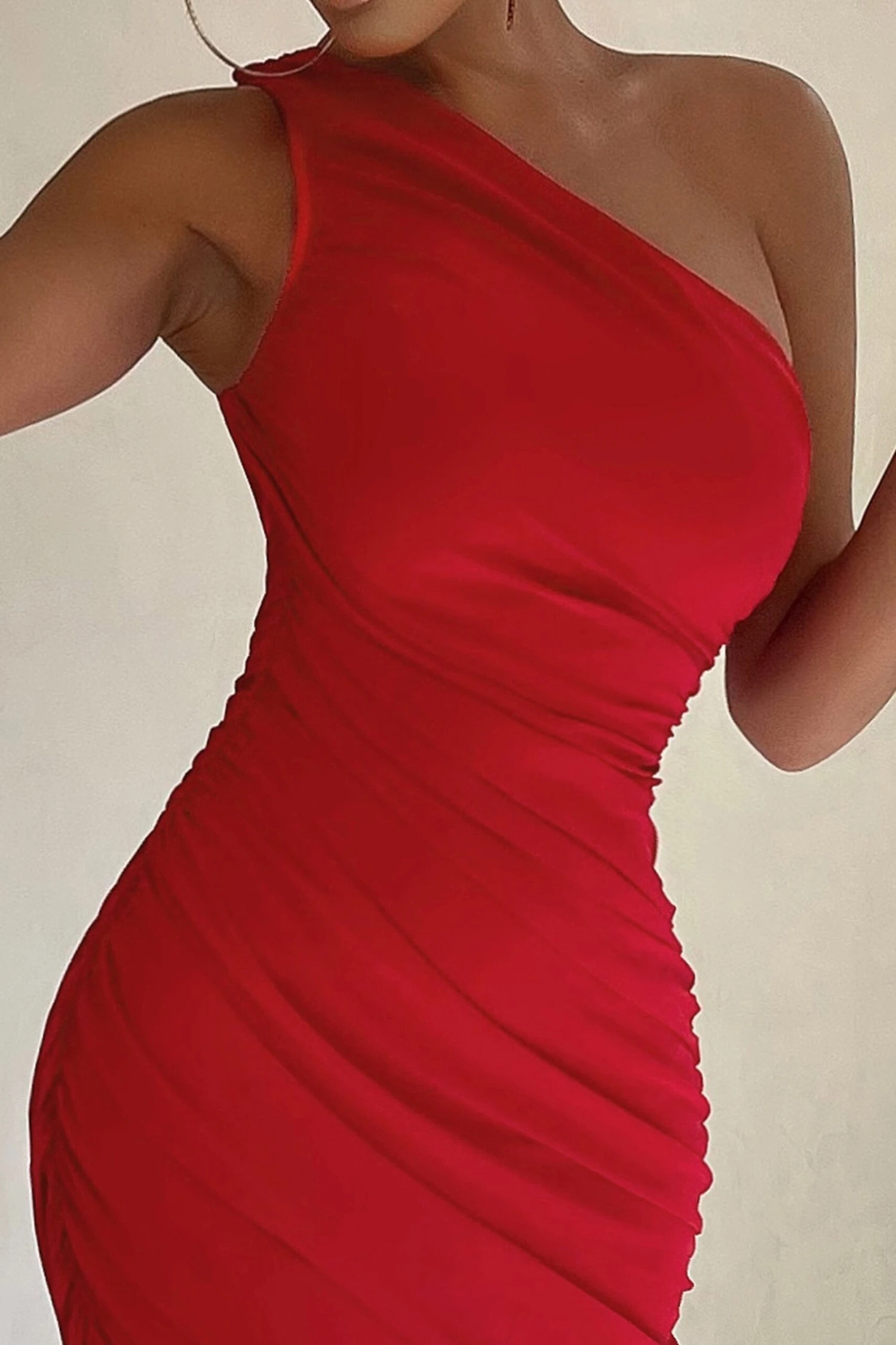 Late Night | Red Asymmetric One Shoulder Ruched Midi Dress 5 Late Night | Red Asymmetric One Shoulder Ruched Midi Dress - Image 3