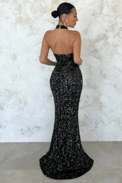 Forever Shining | Black Sequin Halter Neck Maxi Dress -ENY Clothing Shop CL126698 black Sequin Side Split High Neck Sleeveless Maxi Dress 5