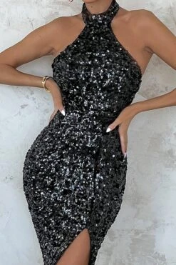 Forever Shining | Black Sequin Halter Neck Maxi Dress -ENY Clothing Shop CL126698 black1 Sequin Side Split High Neck Sleeveless Maxi Dress 1