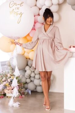 Sweet Lullaby | Nude Maternity Belted Wrap Mini Dress -ENY Clothing Shop CL126714 Nude2 Belted Wrap Mini Dress 1