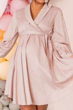 Sweet Lullaby | Nude Maternity Belted Wrap Mini Dress -ENY Clothing Shop CL126714 Nude3 Belted Wrap Mini Dress 1