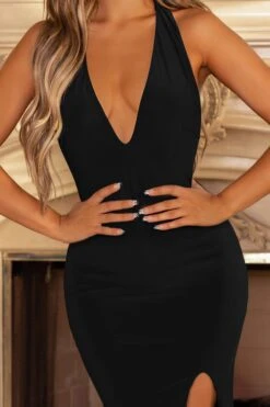 Glamour | Black Backless V Plunge Halter Neck Maxi Dress With Side Split -ENY Clothing Shop CL126723 black1 plunge bodycon thigh split maxi dress 2