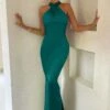 Unstoppable | Teal Cross Over Halter Neck Maxi Dress -ENY Clothing Shop CL126739 Teal Satin Crossover Halterneck Maxi Dress 8