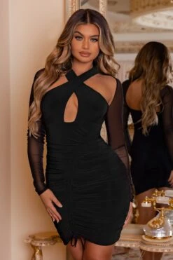 Eyes On You | Black Long Sleeve Halter Neck Mini Dress -ENY Clothing Shop CL126751 black long sleeve halterneck mini dress 8