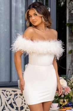 Pure Delight | White Bardot Feather Mini Dress -ENY Clothing Shop CL127039WhiteBardotFeatherMiniDress1