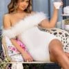 Pure Delight | White Bardot Feather Mini Dress