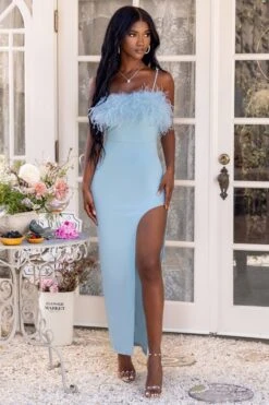 In Love | Powder Blue Feather Trim Maxi Dress With Curved Side Split -ENY Clothing Shop CL127043PowderBlueFeatherTrimMaxiDressWithCurvedSideSplit3