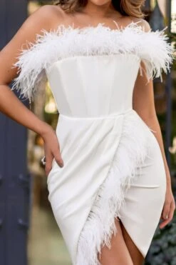Priceless | White Bandeau Feather Corset Midi Dress With Feather Trim -ENY Clothing Shop CL127049White1BandeauFeatherCorsetDressWithFeatherTrim1