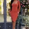 Seductress | Rust Long Sleeve Square Neck Ruched Midi Dress