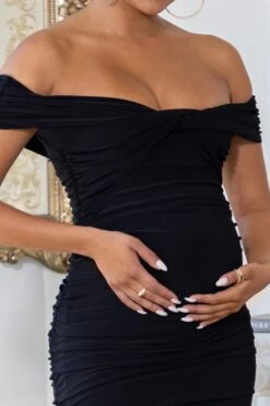Perfection | Black Maternity Bardot Knot Ruched Midi Dress -ENY Clothing Shop CL127157Black1MaternityBardotKnotRuchedMidaxiDress4