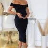 Perfection | Black Maternity Bardot Knot Ruched Midi Dress