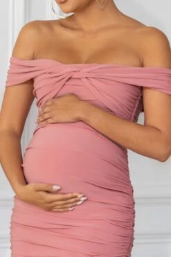 Perfection | Pink Maternity Bardot Knot Ruched Midi Dress -ENY Clothing Shop CL127157Nude1MaternityBardotKnotRuchedMidaxiDress1