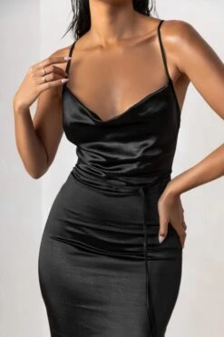 Lifetime | Black Satin Cowl Neck Maxi Dress With Cross Back Detail -ENY Clothing Shop CL127192 LifetimeBlackSatinCowlNeckMaxiDressWithCrossBack Detail
