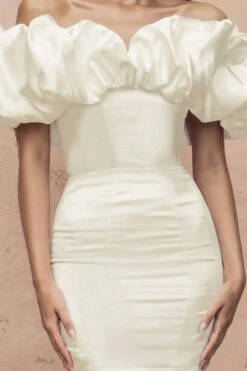 Fairyland | Cream Bardot Extreme Ruffle Corset Style Mini Dress -ENY Clothing Shop CL127278WhiteBardotExtremeRuffleMiniDressdetail