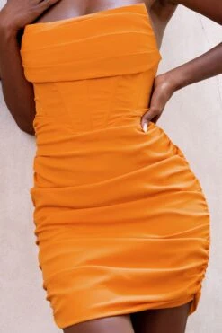 Night Away | Orange Bandeau Corset Style Ruched Mini Dress -ENY Clothing Shop CL127280 NightAway OrangeBardotCorsetStyleRuchedMiniDressdetail