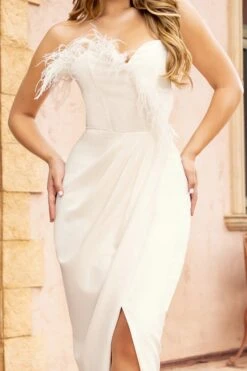 High Class | White Bandeau Thigh Split Maxi Dress With Feather Trim -ENY Clothing Shop CL127298WhiteThighSplitMaxiDressWithFeatherTrim Detail
