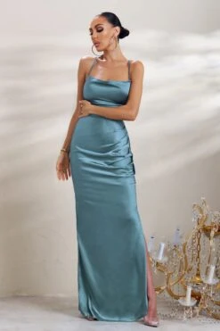 A-List | Blue Satin Cowl Maxi Dress With Thigh Split -ENY Clothing Shop CL127343 A ListBlueSatinCowlMaxiDressWithThighSplit3