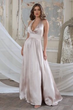 Darling | Champagne Satin Halter Neck Bow Back Thigh Split Maxi Dress -ENY Clothing Shop CL127426 DarbyChampagneSatinHalterNeckBowBackThighSplitMaxiDress3