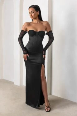 My Prize | Black Satin Bardot Mesh Long Sleeve Maxi Dress With Thigh Split -ENY Clothing Shop CL127452 MyPrizeBlackSatinBardotMeshLongSleevesMaxiDressWithThighSplit3