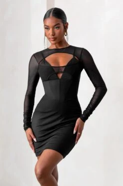 This Moment | Black High Neck Cut Out Mini Dress With Mesh Sleeves -ENY Clothing Shop CL127455 ThisMomentBlackHighNeckCutOutMiniDressWithMeshSleeves2