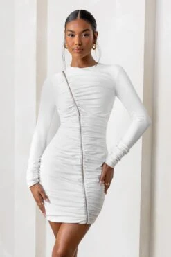 Empowered | White High Neck Long Sleeves Zip Detail Mini Dress -ENY Clothing Shop CL12747 WhiteHighNeckLongSleevesMiniDress1