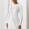Empowered | White High Neck Long Sleeves Zip Detail Mini Dress -ENY Clothing Shop CL12747 WhiteHighNeckLongSleevesMiniDress5