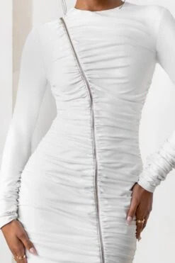 Empowered | White High Neck Long Sleeves Zip Detail Mini Dress -ENY Clothing Shop CL12747 WhiteHighNeckLongSleevesMiniDress Detail