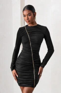 Empowered | Black High Neck Long Sleeves Zip Detail Mini Dress -ENY Clothing Shop CL127472 EmpoweredBlackHighNeckLongSleevesZipDetailMiniDress1
