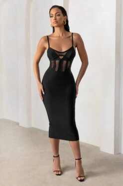 Destiny Calling | Black Bandage Mesh Cut Out Midi Dress With Bra Detail -ENY Clothing Shop CL127498 DestinyCallingBlackSweetheartNecklineBraDetailMidiDress3