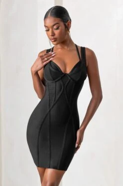 Jetsetter | Black Bandage Wired Mini Dress With Shaping Seam Detail -ENY Clothing Shop CL127501 JetsetterBlackSweetheartNecklineDoubleStrapMiniDress11