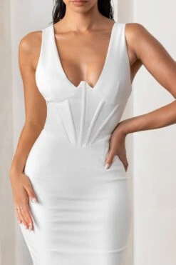 Feeling Good | White Plunge Neck Corset Midi Dress -ENY Clothing Shop CL127510 FeelingGoodWhitePlungeNeckCorsetMidiDress4