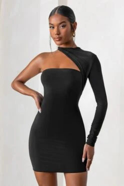 Perfect Touch | Black One Shoulder Long Sleeve Mini Dress -ENY Clothing Shop CL127623 PerfectTouchBlackLongSleeveCutOutMiniDress0